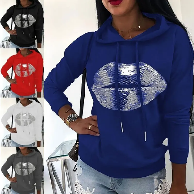 

Lip Printed Tunic Long Sleeve Tunic Drawstring Casual T Shirt Pullover Sweatshirt Drawstring Pure Tops Hoodie Spring And Sutumn