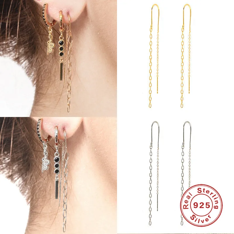

GS 925 Sterling Silver Long Chain Tassel Threader Earrings Colored Zircon Snake Padlock Key Pendant Dangle Earrings Jewelry