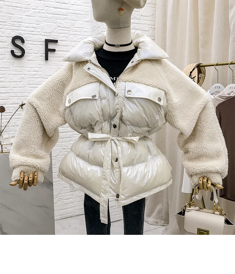 Mooirue Winter Casual Parkas Sherpa Fleece Patchwork Drawstring Lace Up Vintage Coats Harajuku Jackets Female white Coats - Цвет: Белый