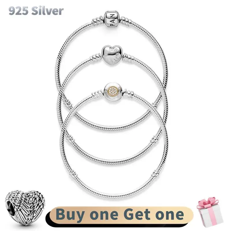 

New 925 Sterling Silver Moments Heart Snake Bracelet Chain Fit Original Beads Charms DIY Jewelry For Women DIY Fashion Gril Gift