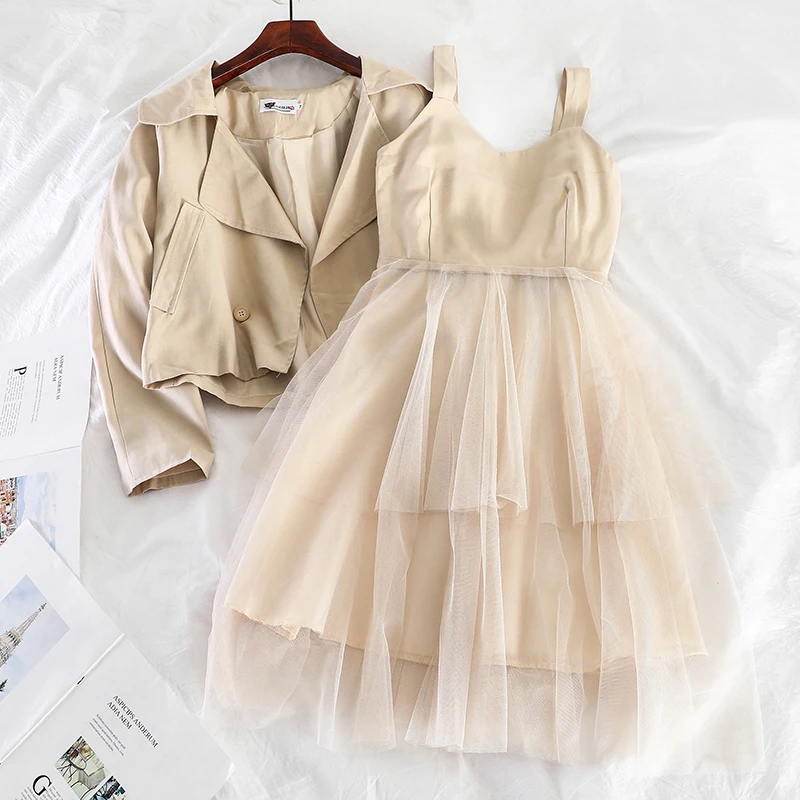 Осень 2019 новый женский темперамент сетки жилет платье пиджак куртка костюм из