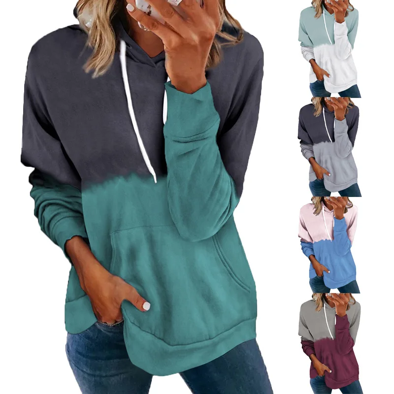 

2021 autumn and winter new contrast color Hoodie women's loose casual long sleeve bottoming shirt
