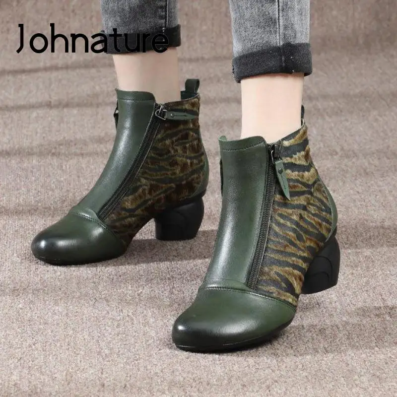 

Женские ботинки в стиле ретро Johnature, повседневные ботинки из натуральной кожи с круглым носком, на молнии, на платформе и с конским волосом, р...