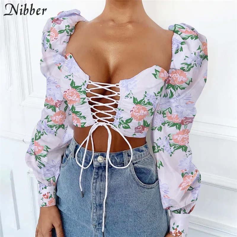 Nibber французский романтик Элегантный boho кроп Топы женские T-shirt2019 осень зима длинный рукав Богемия Низкий вырез повседневные футболки mujer