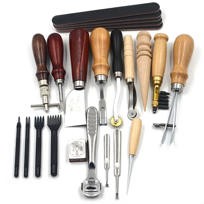 

18pcs Professional Leather Craft Tools Kit DIY Hand Sewing Stitching Punch Carving Work Saddle Groover Leathercraft Accessories