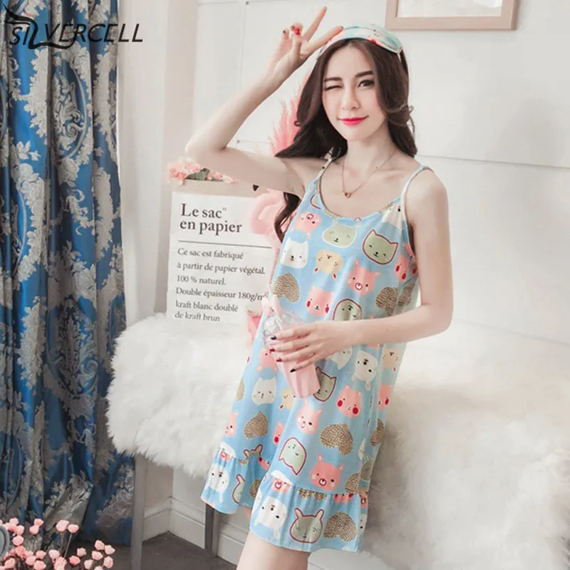 

Women Fashion Nightdress With Eyemask New Sling Nightdress Large Size Dress Home Clothes Print Sleeveless Mini Nightie