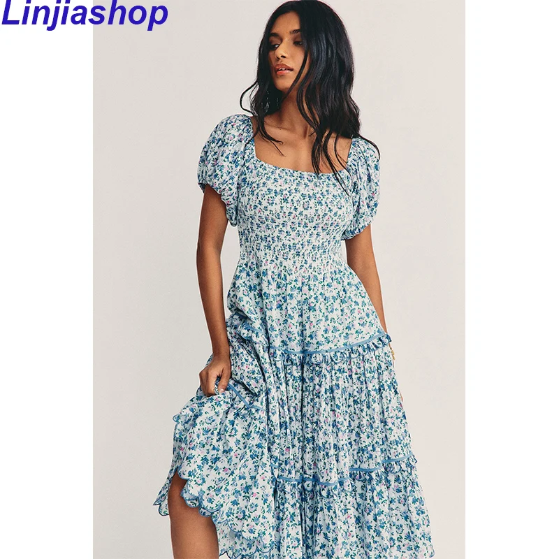 

Women Summer A Line Floral Print Long Dress Female Square Neck Short Puff Sleeve Backless High Waist Elastic Ruffle Midi Dress