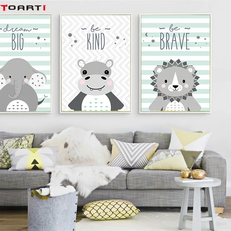 Мультфильм Животные Лев ПЕЧАТЬ Плакаты дети картина с цитатой отважный вид буквы