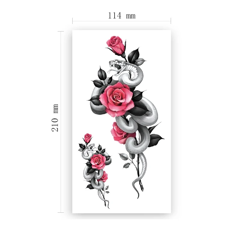 

White Snake Temporary Tattoo Stickers Sexy Red Rose Branches and Leaves Fake Tattoos Waterproof Tatoos Arm Large Size for Women