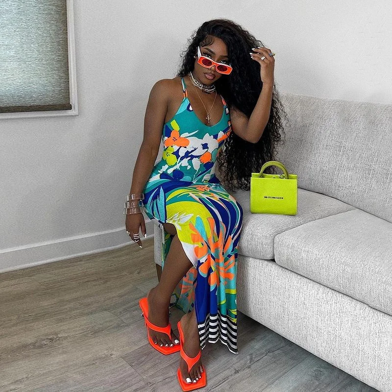 

Cutubly Maxi Dresses Floral Mid Waist Woman Elegant Girl Party Dress Side Slit V Neck Spaghetti Straps Women's Clothing Vestidos