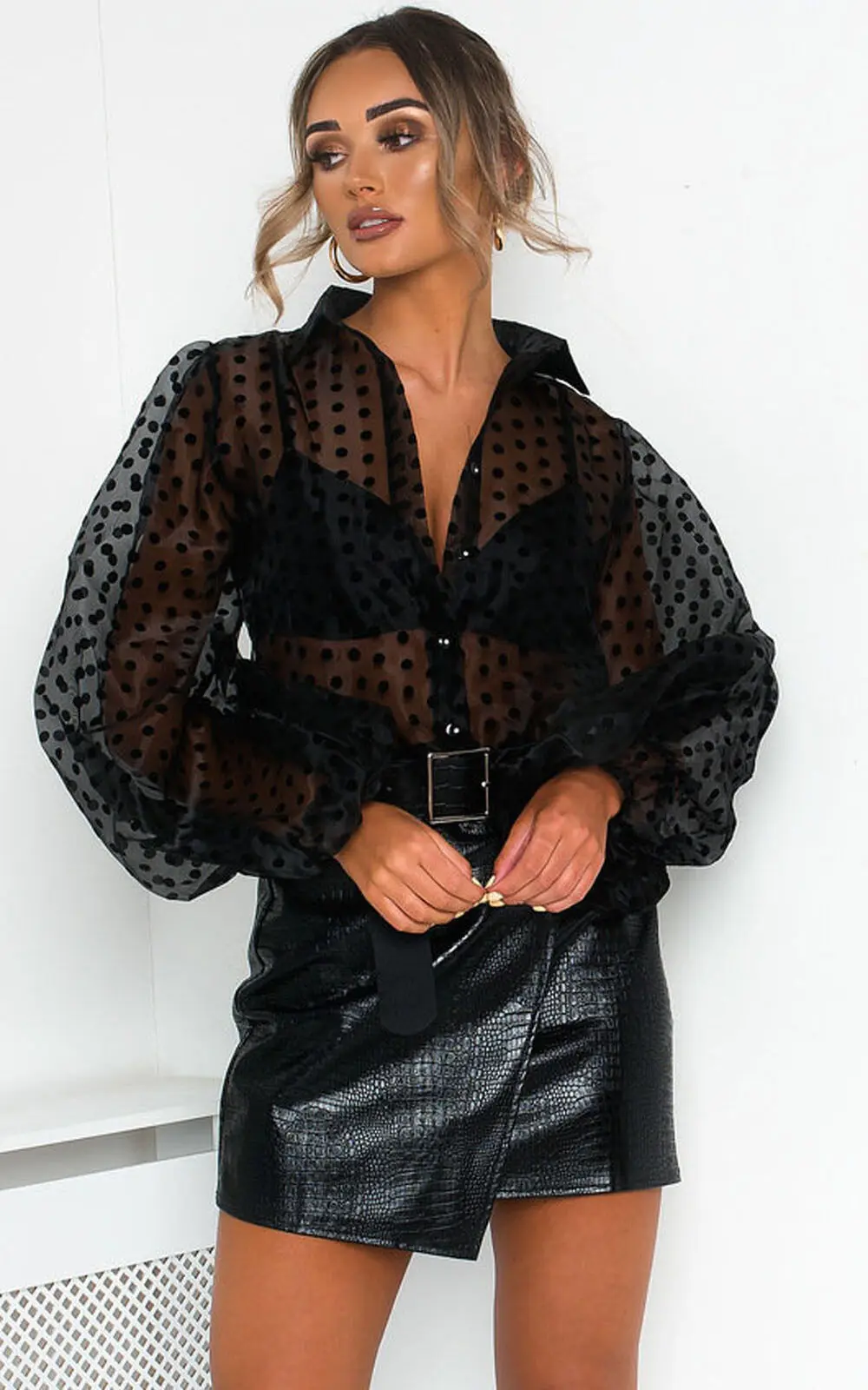 

Womens polka dot blouse mesh sheer puff shirt long sleeve transparent blouse fashion plus size female casual top