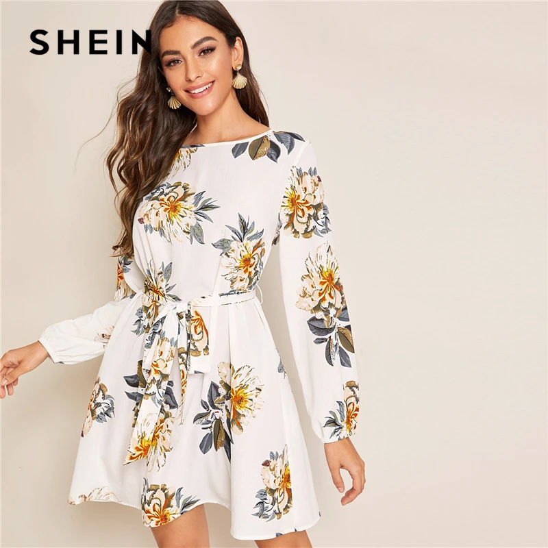 SHEIN белое платье с цветочным принтом и вырезом на спине, с поясом, женское осеннее однотонное платье с круглым вырезом и длинными рукавами, туника, короткие платья в стиле бохо