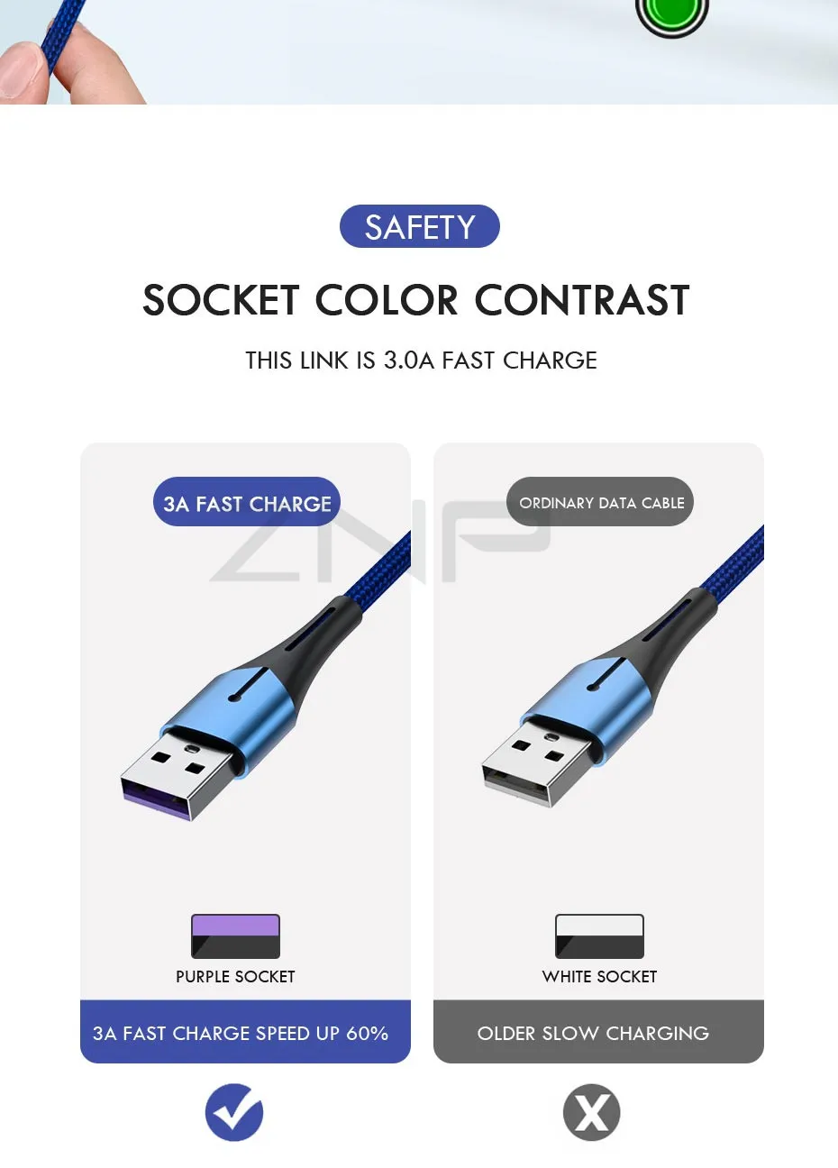 ZNP светодиодный кабель usb type-C для samsung S10 huawei P30, кабель для быстрой зарядки мобильных телефонов для Redmi Note 8 7, кабель для зарядки type-C