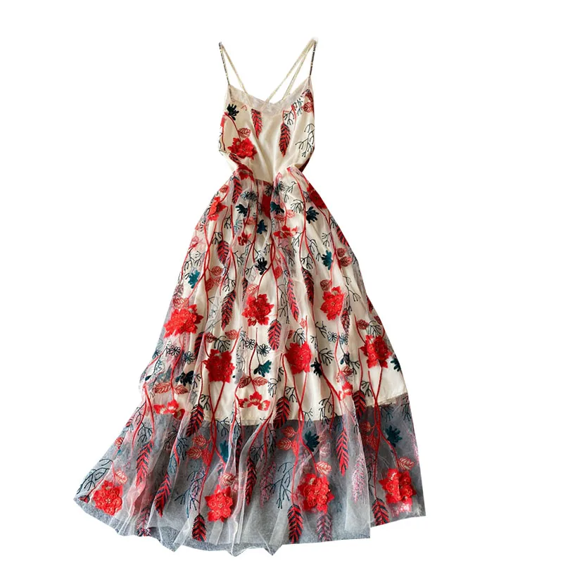 

Smlinan Summer Women Bohemian Spaghetti Strap Dress Sexy Backless Vintage Mesh Dress Embroidery Floral Evening Party Dresses