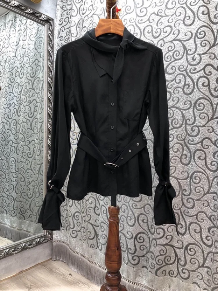 

2020 Autumn Winter Fashion Blouses Shirts High Quality Designer Women Elegant Bow Belt Deco Long Sleeve White Black Shirts Lady