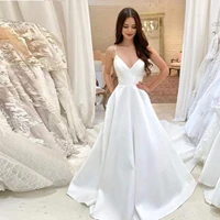 white satin wedding dresses deep v neck sleeveless floor length sexu spaghetti bridal gowns for women robe de mari%c3%a9e