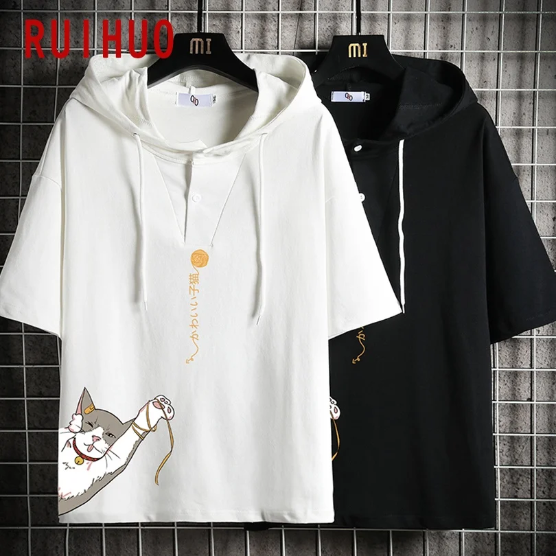 

RUIHUO Plutus Cat Print Harajuku Hoodie Men Streetwear Short Sleeve Hoodies Men Clothing Workout Hoodies For Men Tops M-5XL 2021