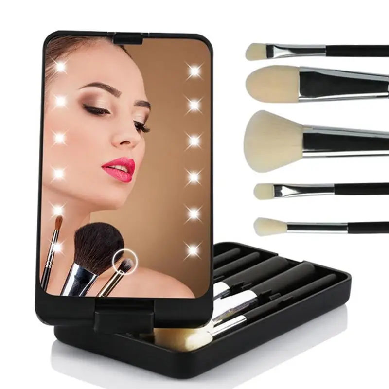 

1 set LED Lighted Makeup Cosmetic Mirror with Makeup Brushes Travel Folding Makeup Mirror Box Portable Compact Mirror