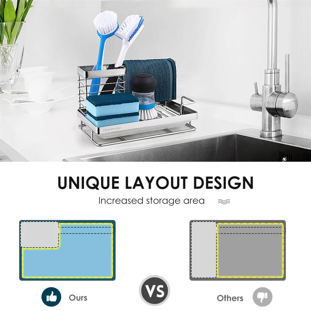 

HOMEMAXS Kitchen Sink Organizer Stainless Steel Dish Kitchen Utensils Holder Sponge Brush Rack with Drain Pan for Home Kitchen R