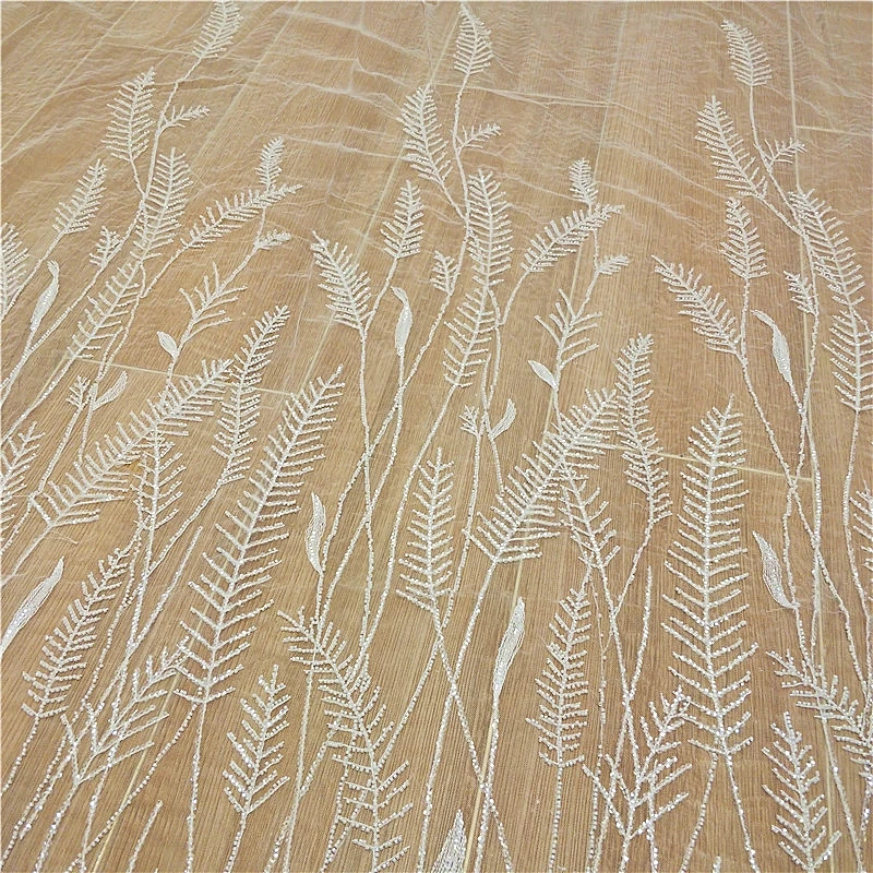 Новая блестящая ткань с вышивкой из листьев и бусин кружевная ушками пшеницы