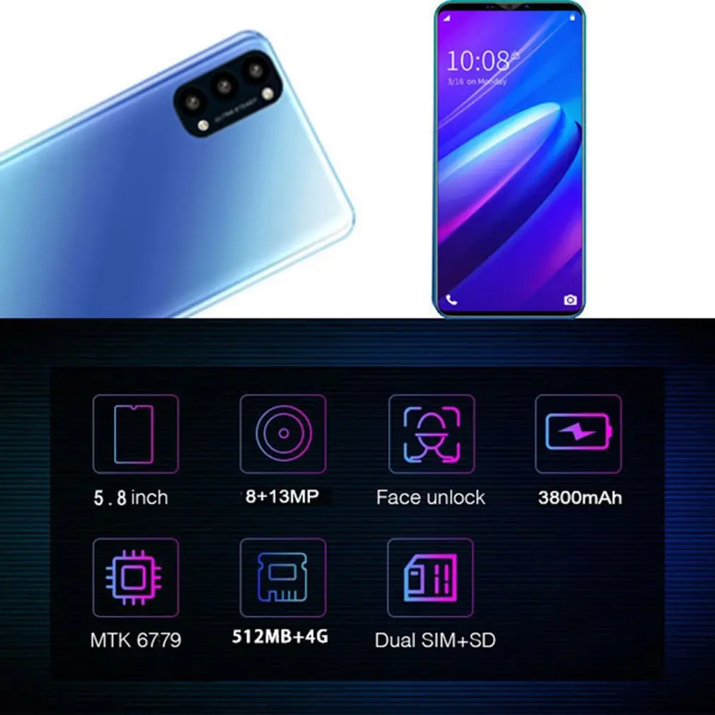 

Reno4 Pro Smartphone 5.8 Inch Smartphone 512M+4G 3D Glass Plated Back Cover High Definition Rear Camera Blue