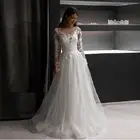 Сверкающие Тюль ТРАПЕЦИЕВИДНОЕ свадебное платье Scoop одежда с длинным рукавом Кружевное Свадебное платье с аппликацией Кнопка Иллюзия Vestido De Noiva 2021