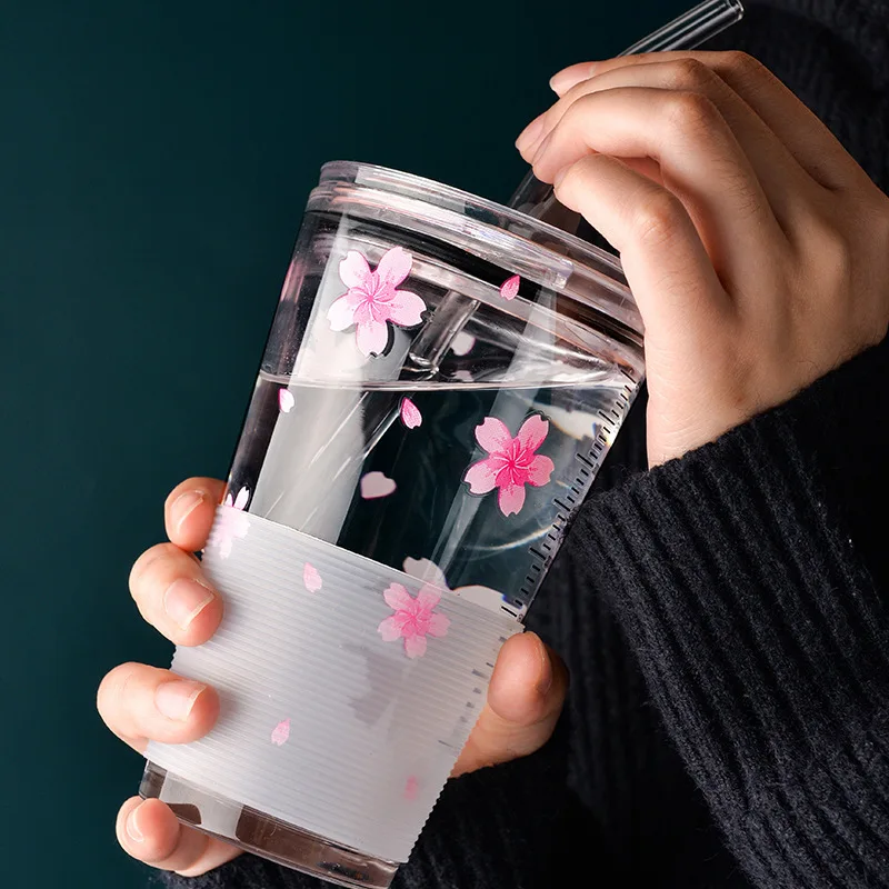 

Glass Coffee Cup Outdoor Heat-resistant Scale Tea Cup with Non-slip Cover Transparent Milk Breakfast Cup Kawaii Water Bottle