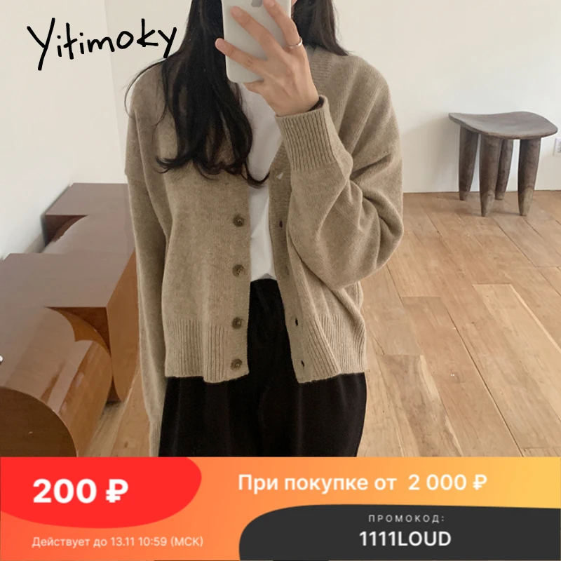 

Женский трикотажный кардиган Yitimoky, повседневный однобортный свободный трикотажный кардиган с V-образным вырезом и длинными рукавами, цвет ...