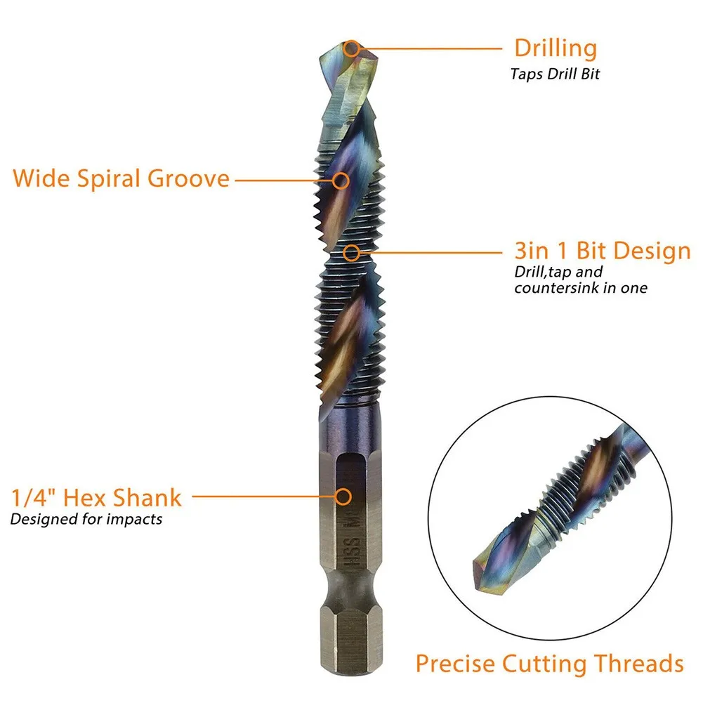 

12pcs M3-M10 Hex Shank Metric Thread Blue Plated Spiral HSS Tap Drill Bit Set High Speed Steel Hex Shank Machine Taps Kit