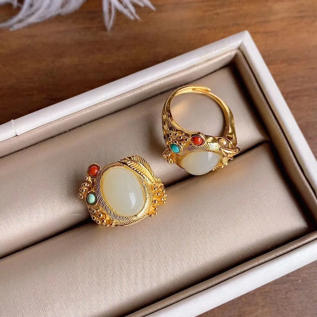 

S925 Sterling Silver Inlaid Hetian Jade Green Jade Ring Vintage Court Chinese Style Ancient FirsTier Open Jade Female Ring