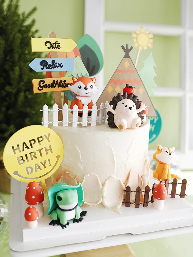 

Animals Hedgehog fox frog pen Tree Cake Topper for Birthday Party Decoration Baking Supplies Baby Shower Dessert Decorating