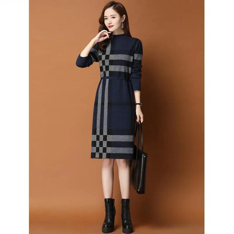 Женское Повседневное трикотажное платье-свитер клетчатый пуловер составного