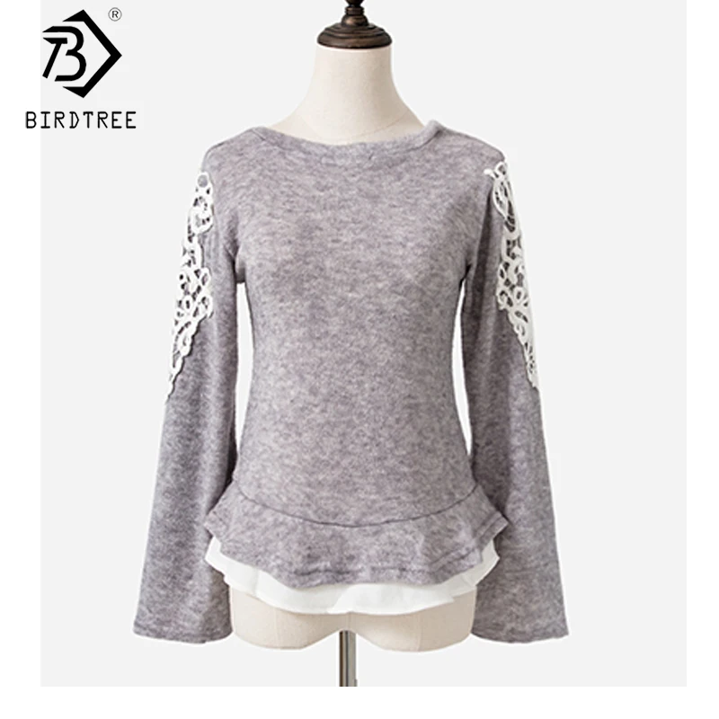 2019 зимний женский кружевной лоскутный свитер пуловер с длинным рукавом