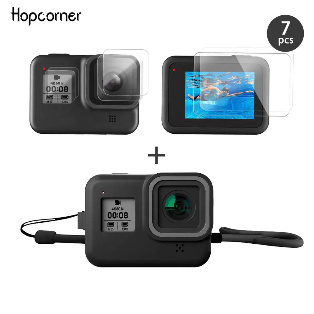 Силиконовый резиновый защитный чехол hopangle для GoPro Hero 8 с 6 шт. закаленным стеклом