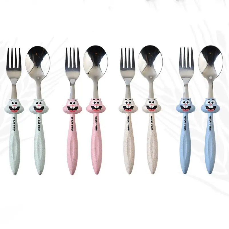 

2 Pcs/set Kids Feeding Spoon + Fork Cartoon Print High Quality Stainless Steel Baby Spoon Flatware