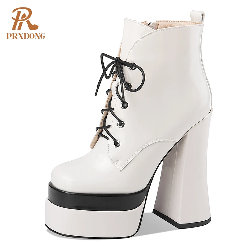 

Women Motorcycle Boots Lace Up Zipper Ladies Ankle Boots Genuine Leather Super High Heels Platform Female Sexy Shoes Fall Winter