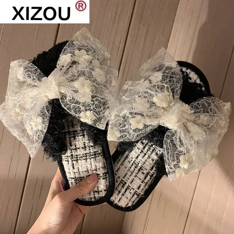 

Big Bowtie Fur Slippers Woman Winter Spring Warm Home Shoes Fluffy Furry Indoor Girls Slides Flat Plush Ladies House Slippers