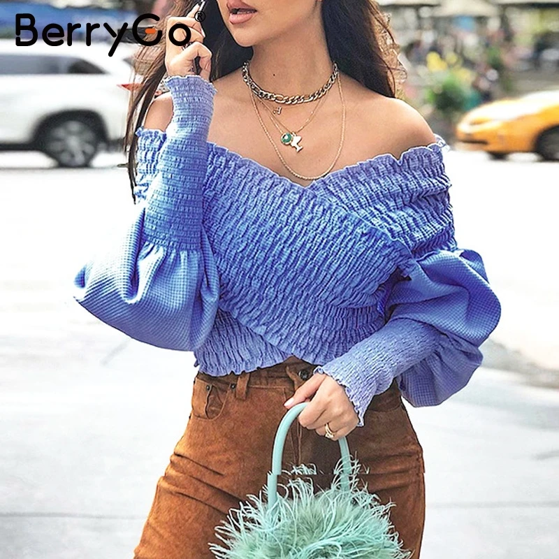 BerryGo сексуальная женская блузка с открытыми плечами элегантная рубашка пышными