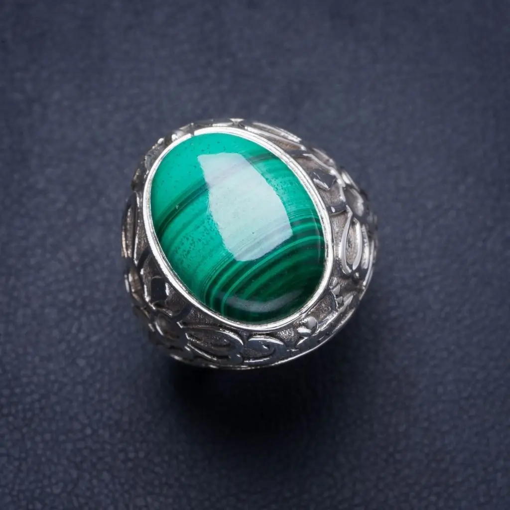 Уникальное серебряное кольцо ручной работы из натурального малахита 7 Y4284|Кольца|