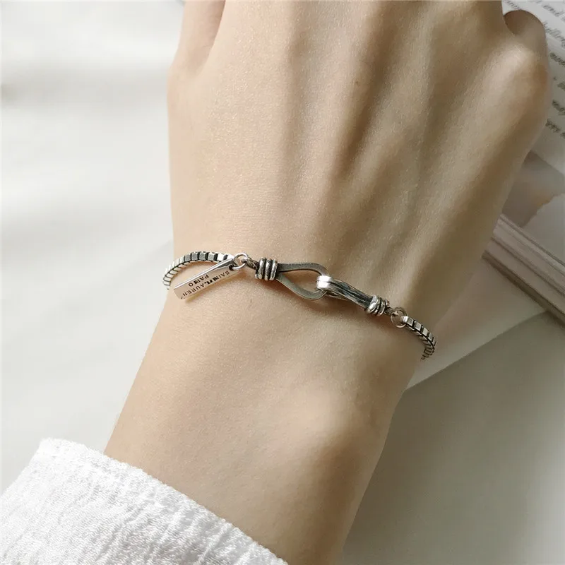 

RUIYI 925 Sterling Silver Vintage Bracelets 3mm Width 17cm 19cm Box Chain Minimalist Bracelets Personality Retro Fine Jewelry