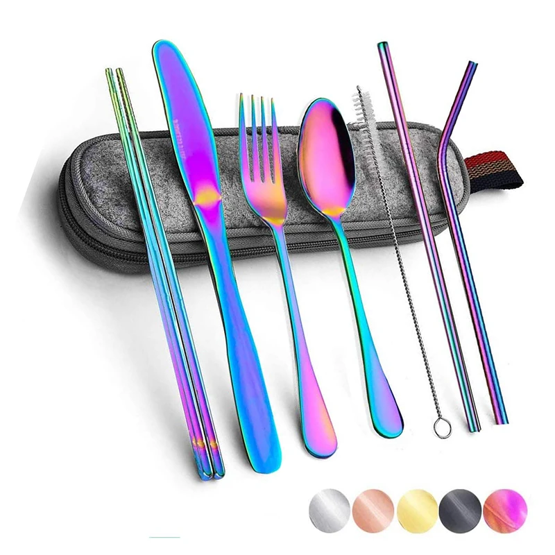 

8Pcs Dinnerware Set Tableware Reusable Travel Cutlery Camp Utensils Stainless Steel Spoon Fork Chopsticks Straw Portable Case