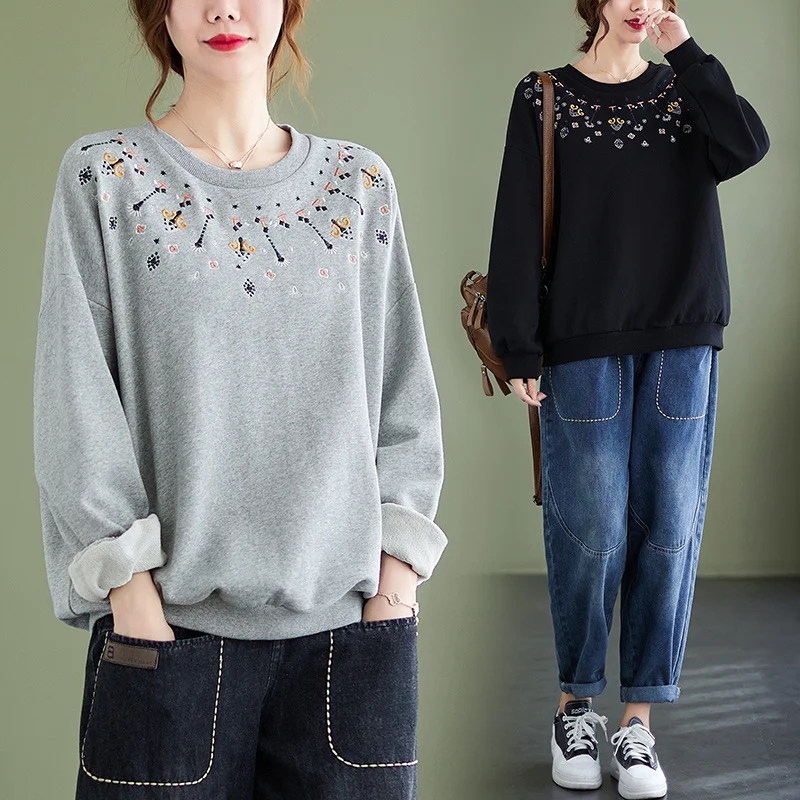

BIG SIZE Autumn Winter Women Fashion Elegant Embroidery Tops Ladies Female Plus Large Long Sleeve Loose Cotton Fleece Sweatshirt