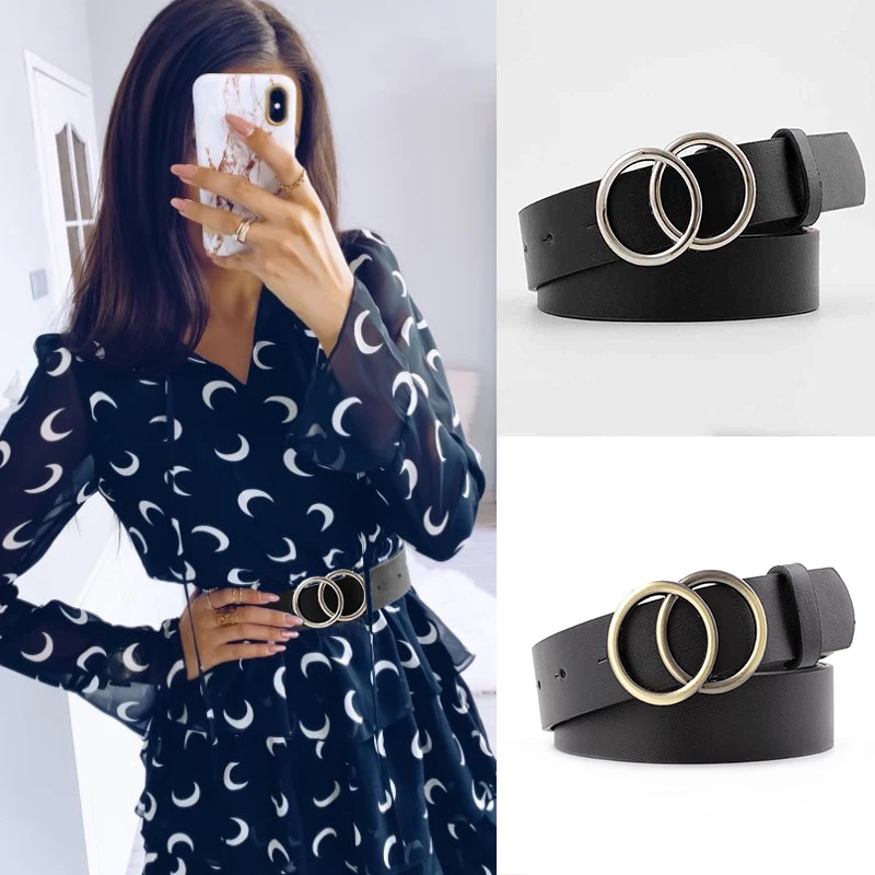 

Fashion Double Round Belt Gold Silver Buckle Waist Belts For Women Leather Belt Ladies Jeans Dress Accessories