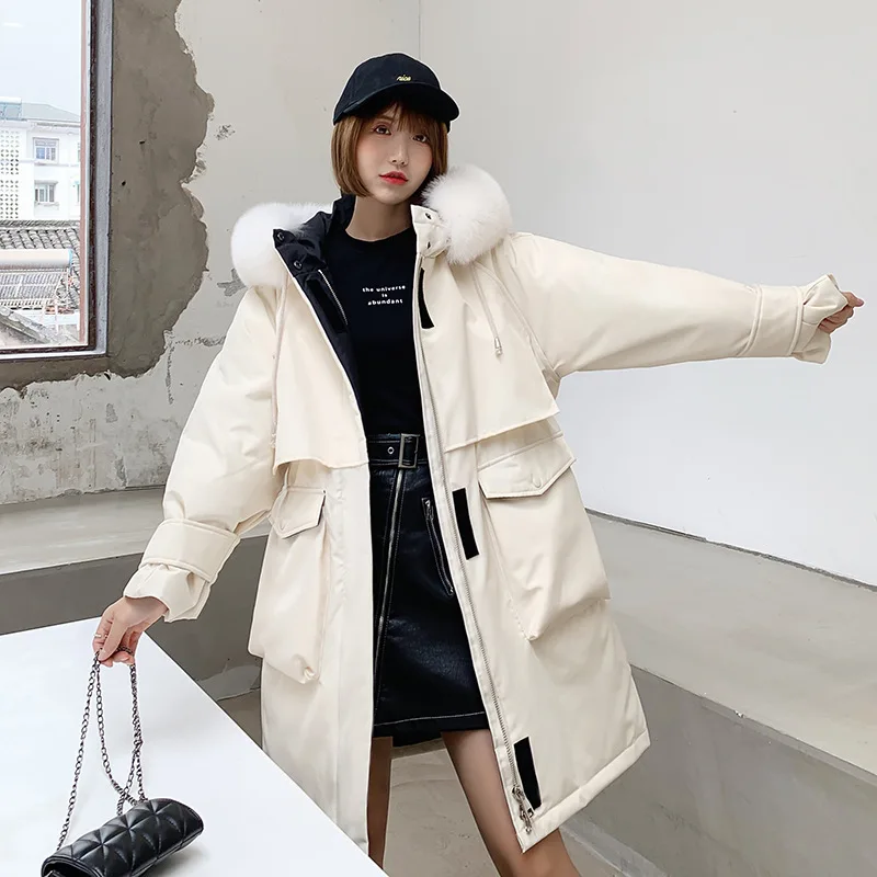 Женский пуховик с лисьим мехом утолщенное пальто средней длины в Корейском стиле