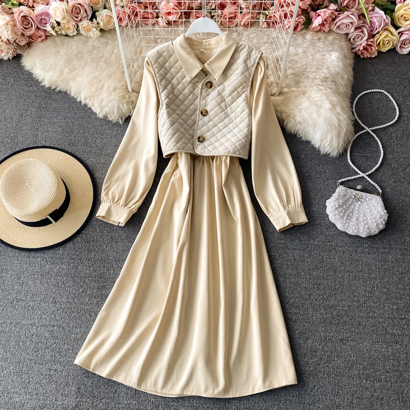 

2021 Spring Vest Two-piece Women Clothing Korean Vintage 2 Piece Set Trendy Vest + Long Sleeve Silm Dress Suits Ensemble Femme