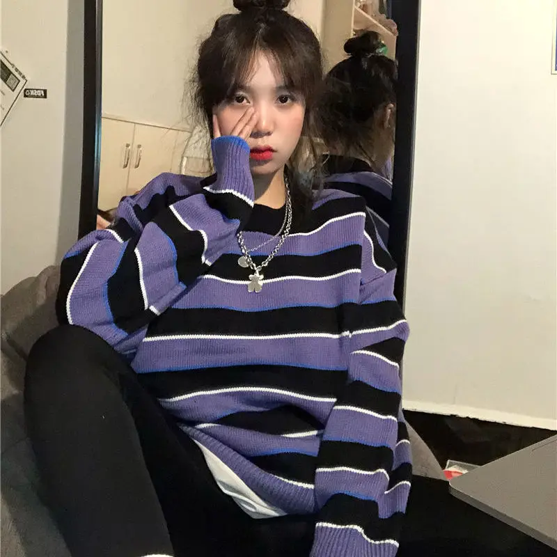 Pullovers Women O-neck Striped Oversize Trendy Harajuku Knitted Sweaters Students All-match Leisure Daily Streetwear Korean Tops | Женская