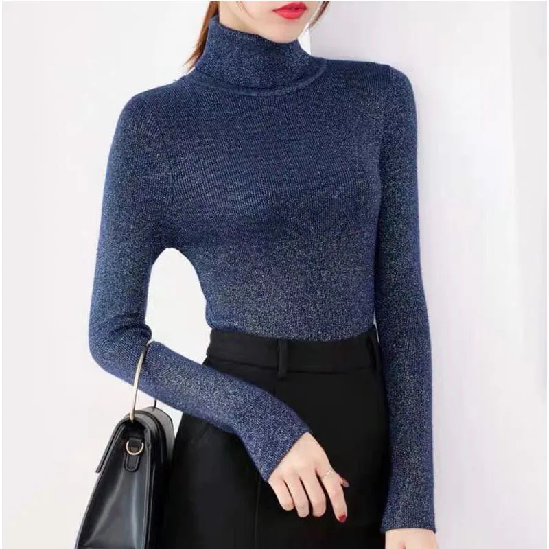 Блестящий облегающий топ с высоким воротником свитер женский осенне-зимний