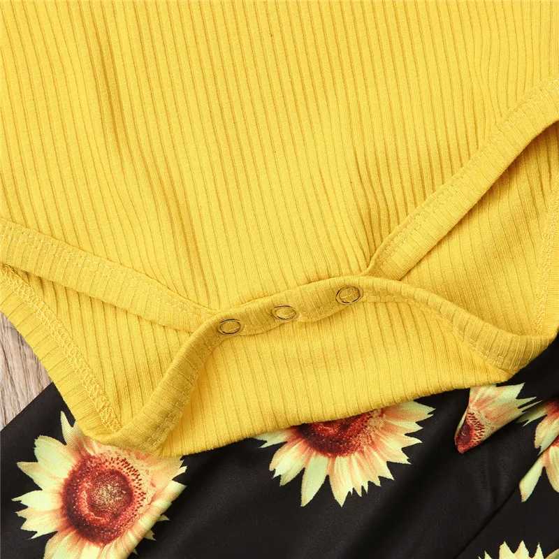 

0-18M Toddler Baby Girl Clothes Sets Ruffles Knit Romper Jumpsuit Tops Sunflower Pants Trousers Headband 3Pcs Baby Clothes Sets
