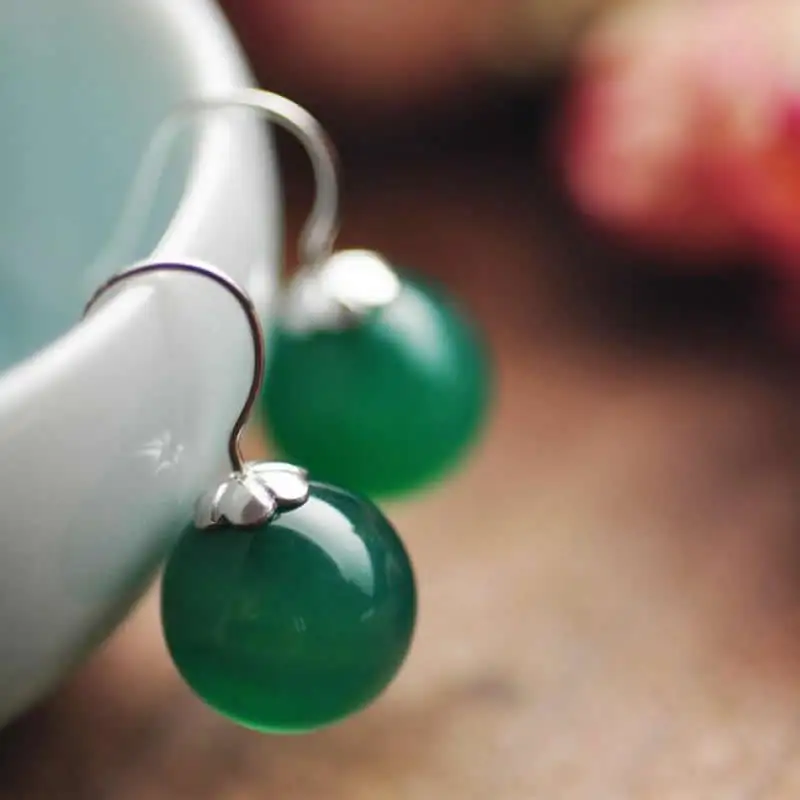 

New Arrival S925 Silver Earrings Women Green Agate Ball Dangle Earrings
