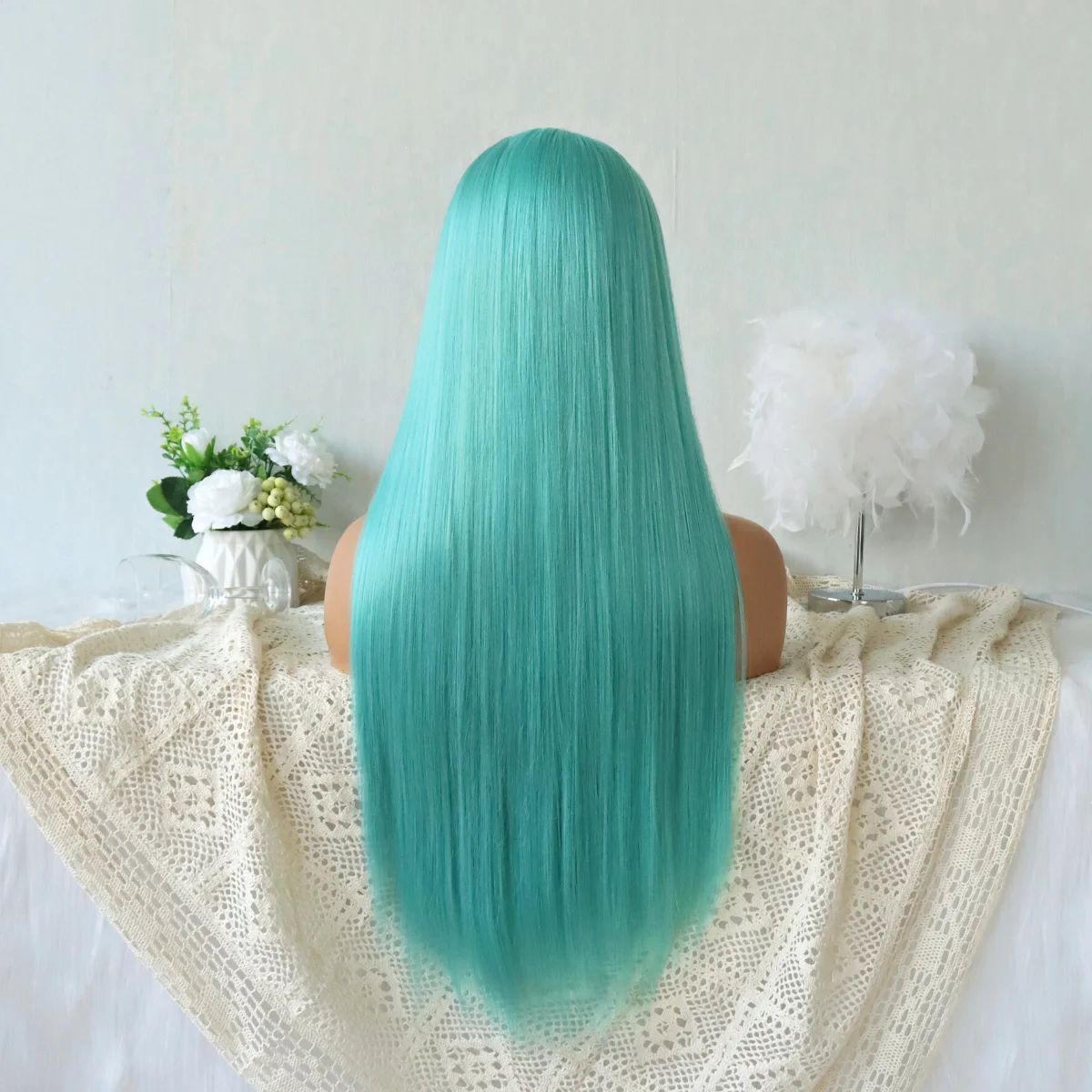 Синие синтетические кружевные парики длинные шелковые прямые